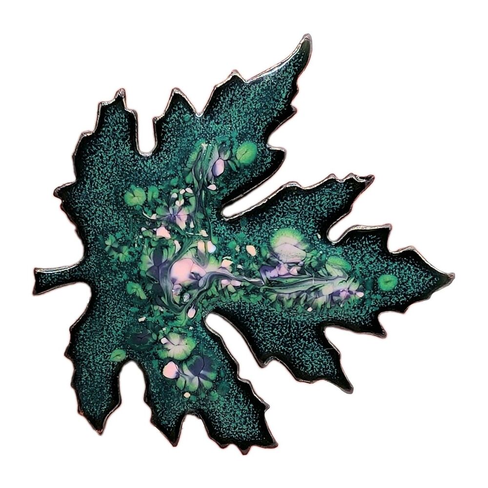 Vintage Green Enamel on Copper Maple Leaf Brooch Pin Metal 2" Swirl
